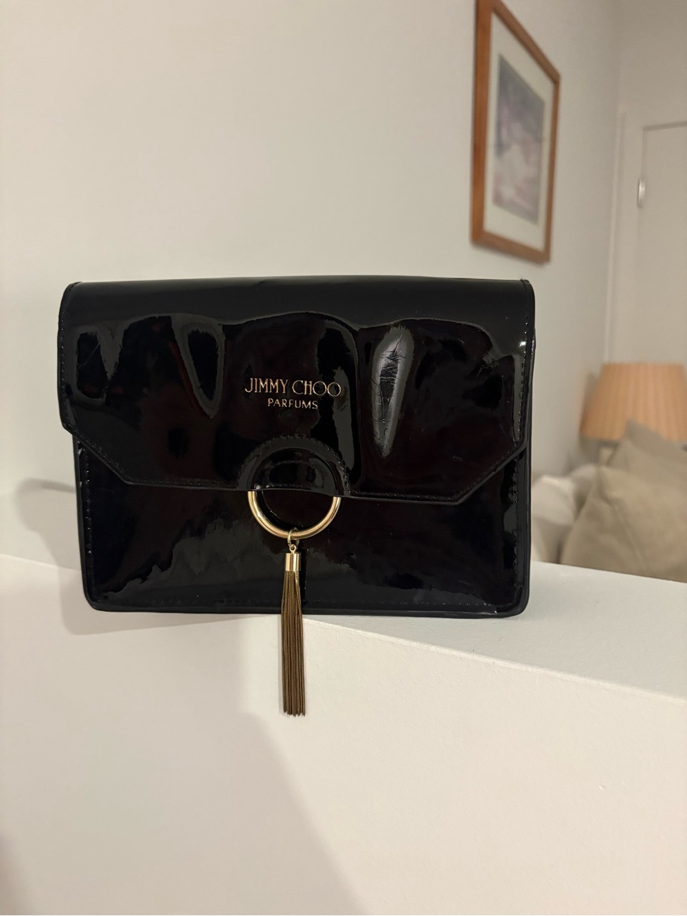 Jimmy Choo Black Patent Leather Tassel Shoulder Clutch